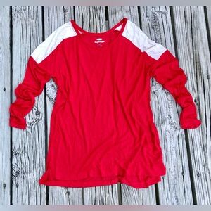 Ladies L OLD NAVY Red Cream Oversized Boxy Boyfriend Jersey Knit Top Shirt Team